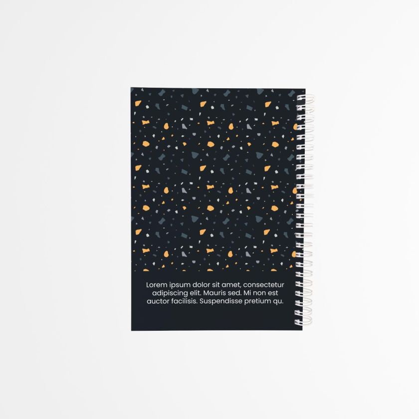 contraportada de agenda personalizada con estampado terrazzo minimalista en tonos oscuros y detalles color mostaza