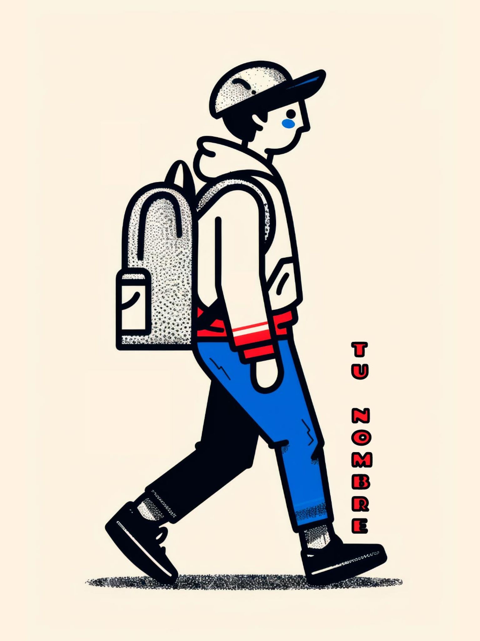 dise&ntilde;o art&iacute;stico en estilo moderno de un ni&ntilde;o con gorra y mochila caminando, ideal para personalizar libretas o cuadernos