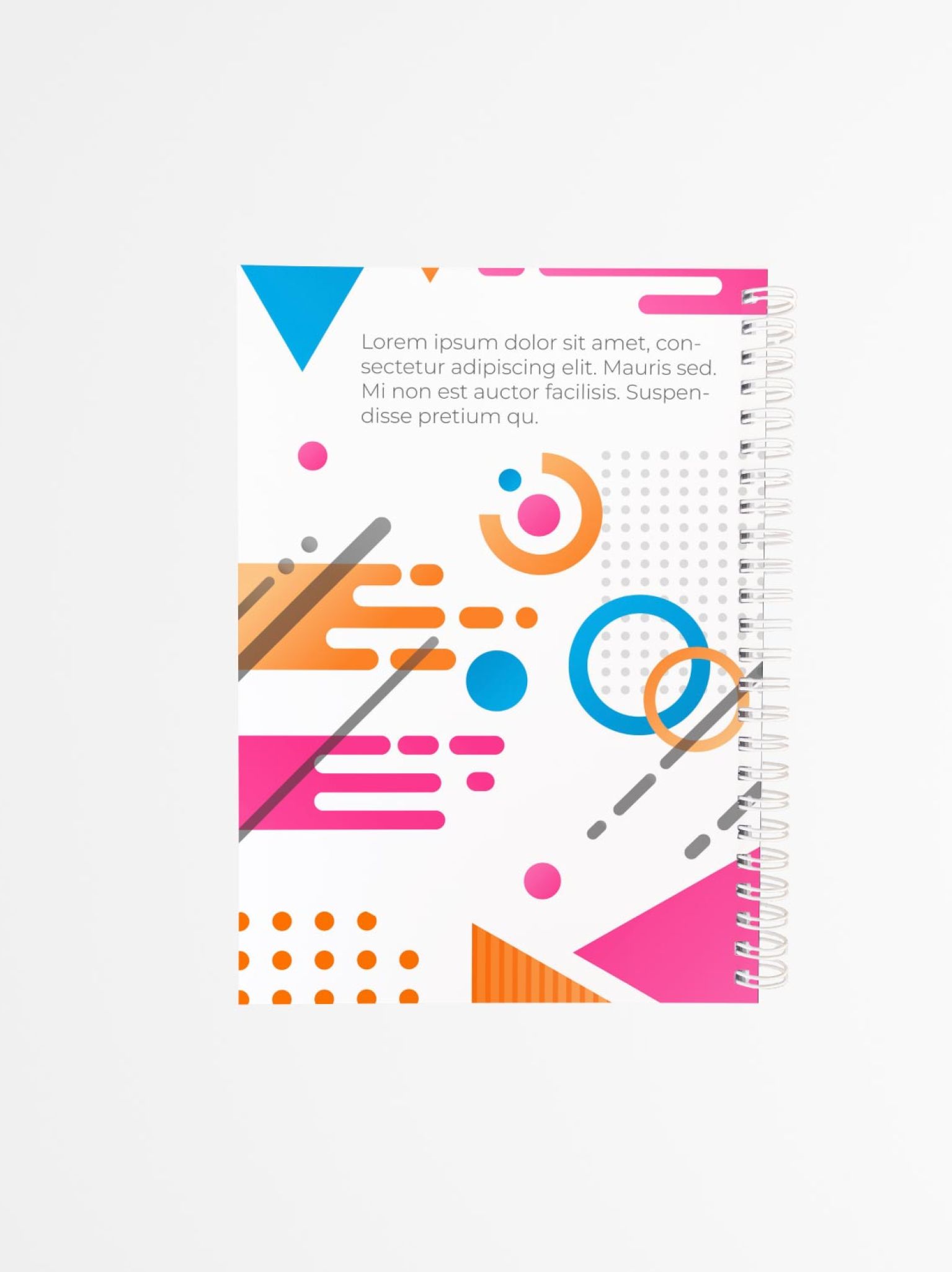 contraportada de agenda personalizada con diseño geométrico colorido en rosa, azul y naranja.