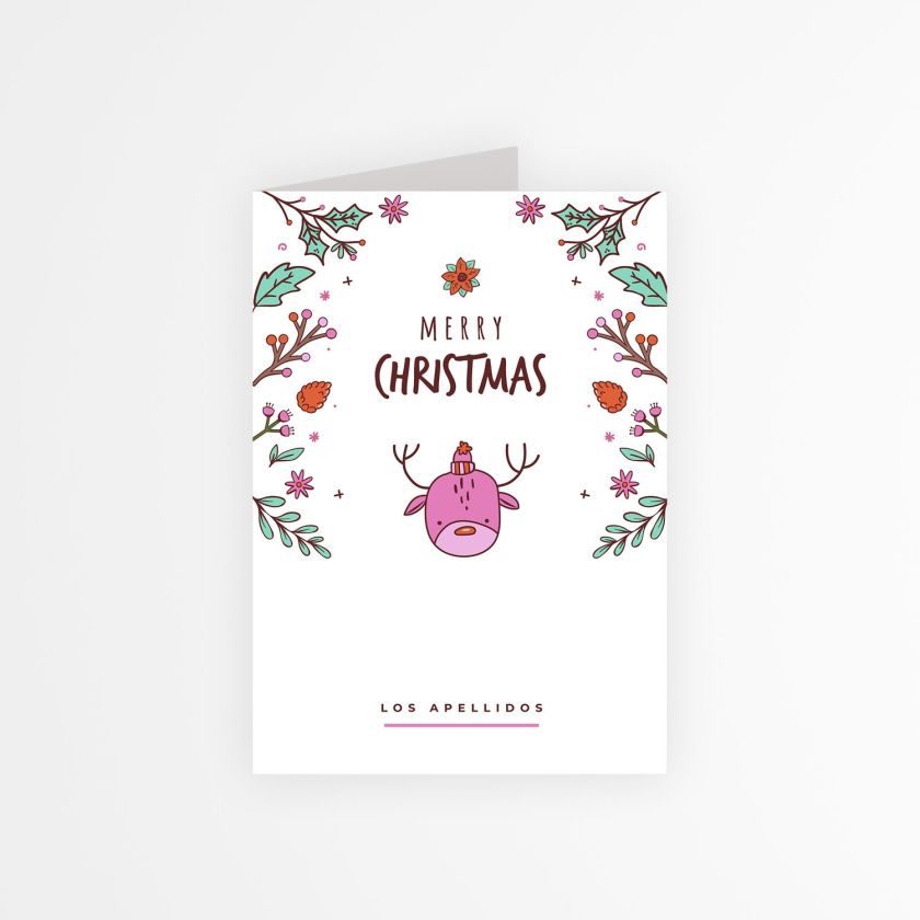 tarjeta navidad personalizada con dibujo de reno y decoración floral divertida