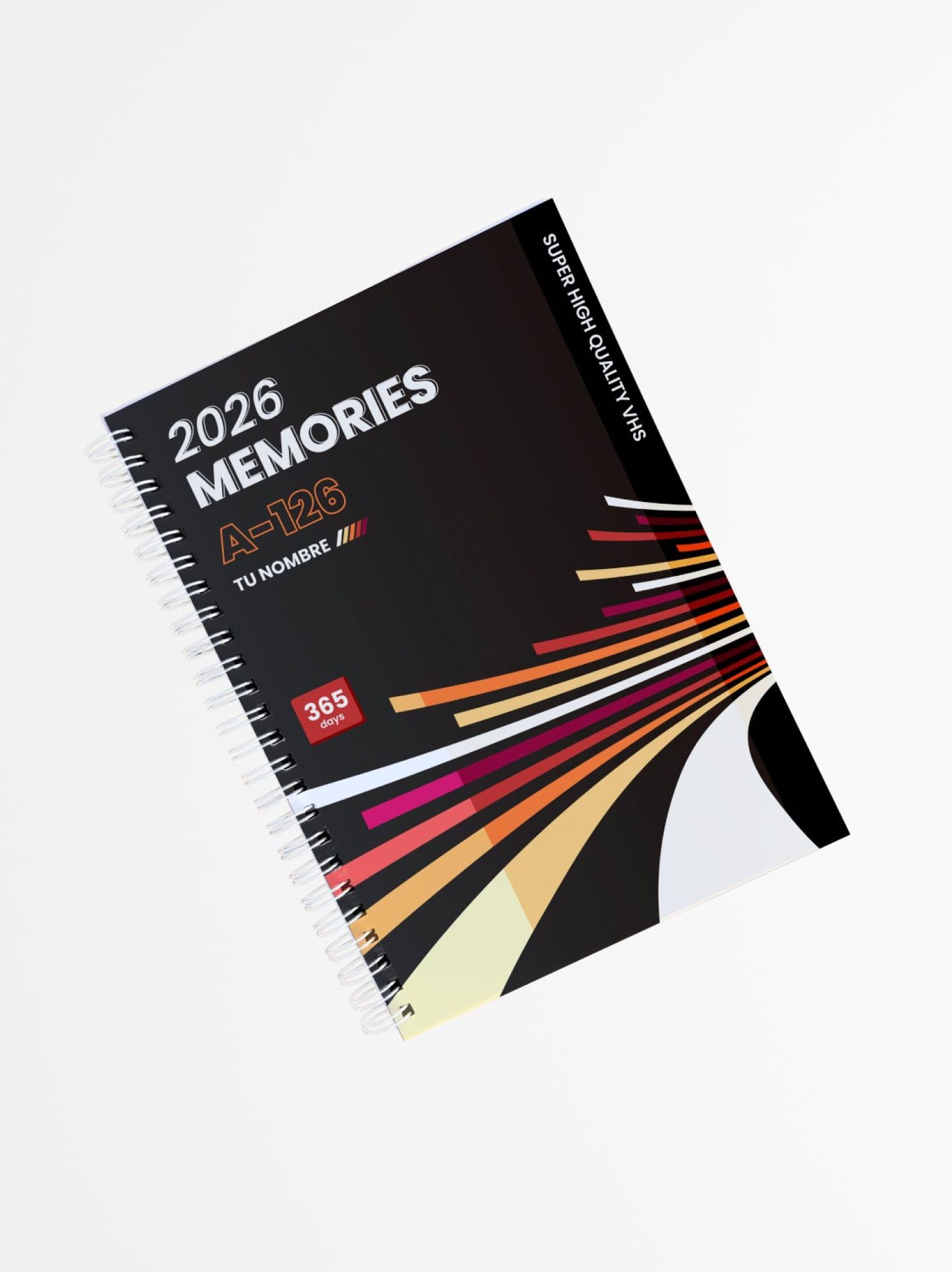 portada de agenda personalizada con fondo negro, texto “2026 Memories” y líneas de colores cálidos que evocan un estilo retro minimalista