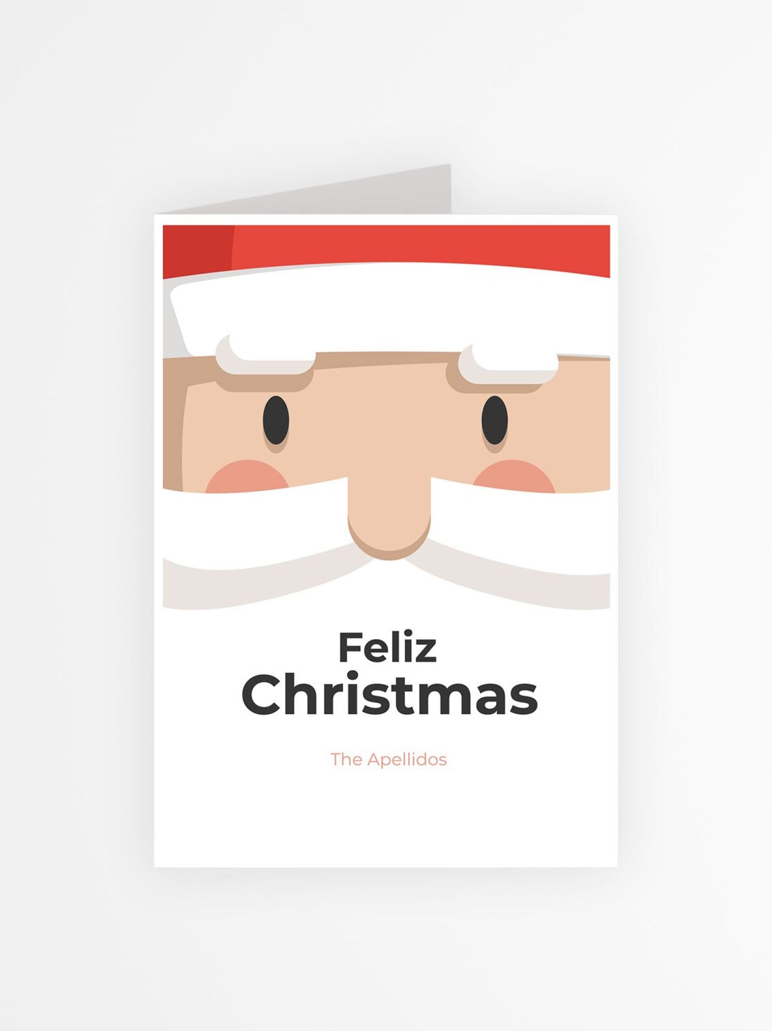 Diseño frontal de tarjeta navideña personalizada con ilustración de Papá Noel y texto “Feliz Christmas”