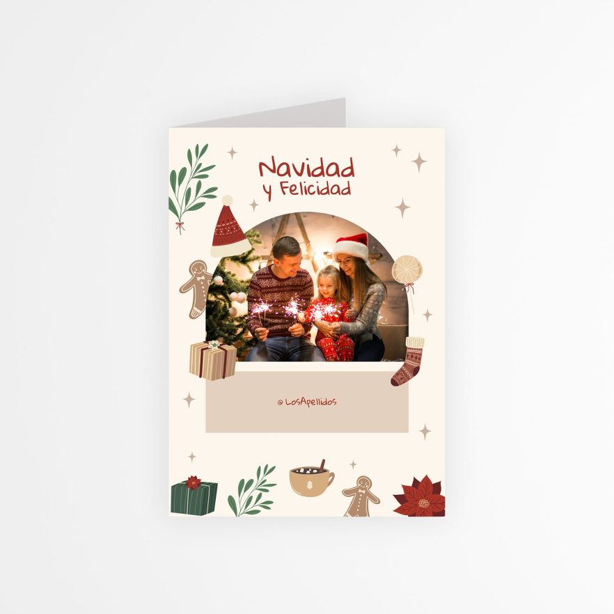 Tarjeta navideña con foto personalizada con ilustraciones navideñas y espacio para nombres de familia