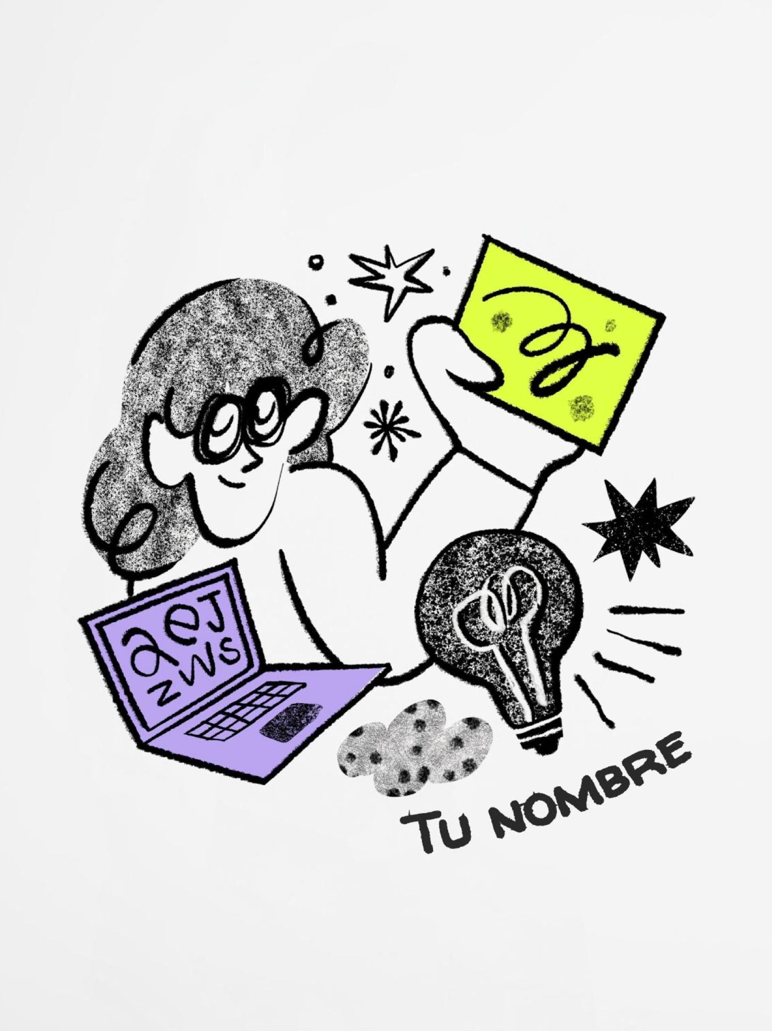 dibujo artístico estilo sketchy con personaje creativo, ordenador portátil y bombilla de inspiración