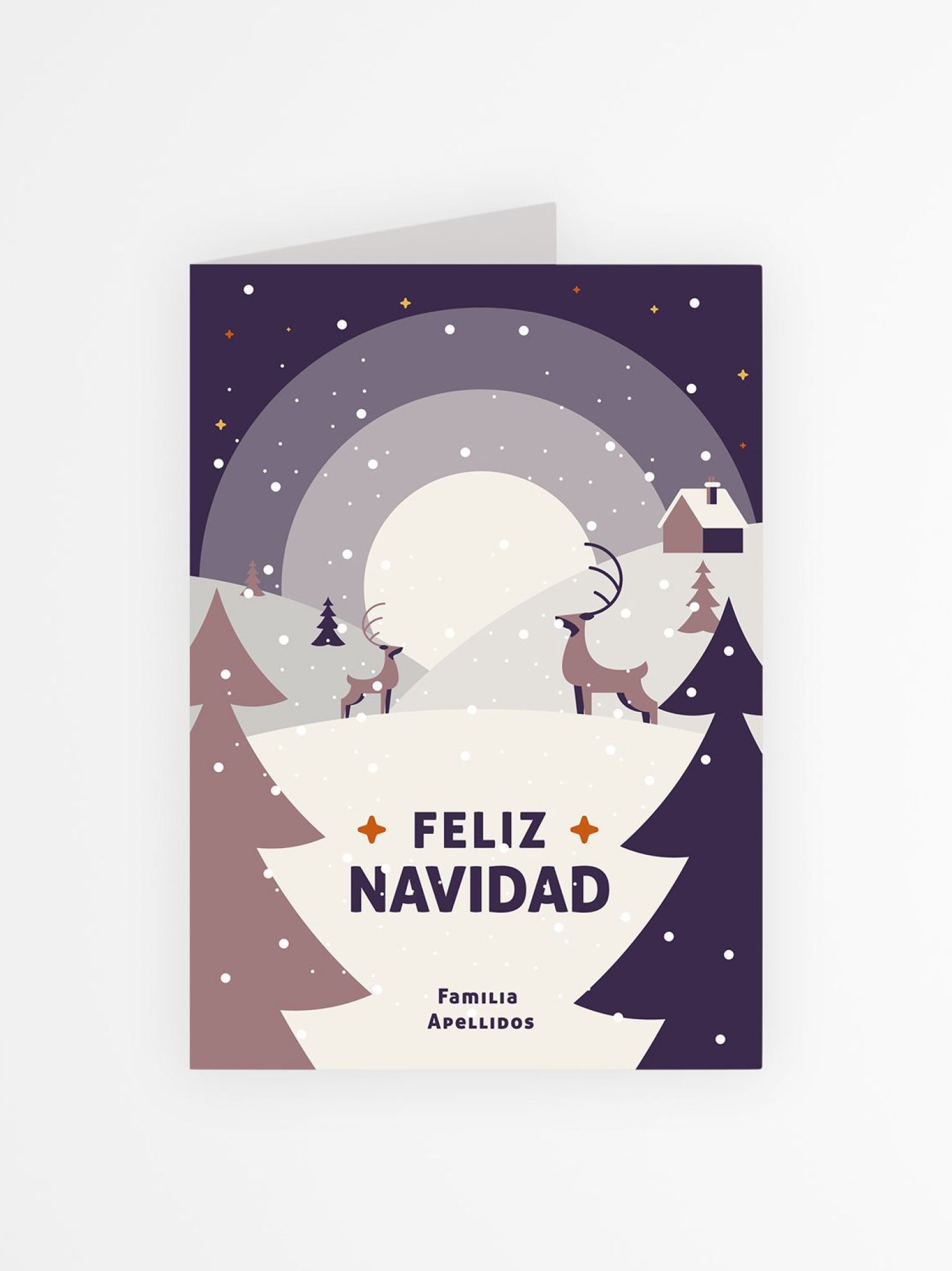 Tarjeta de Navidad personalizada con diseño de renos en un paisaje nevado y mensaje “Feliz Navidad – Familia Apellidos”.