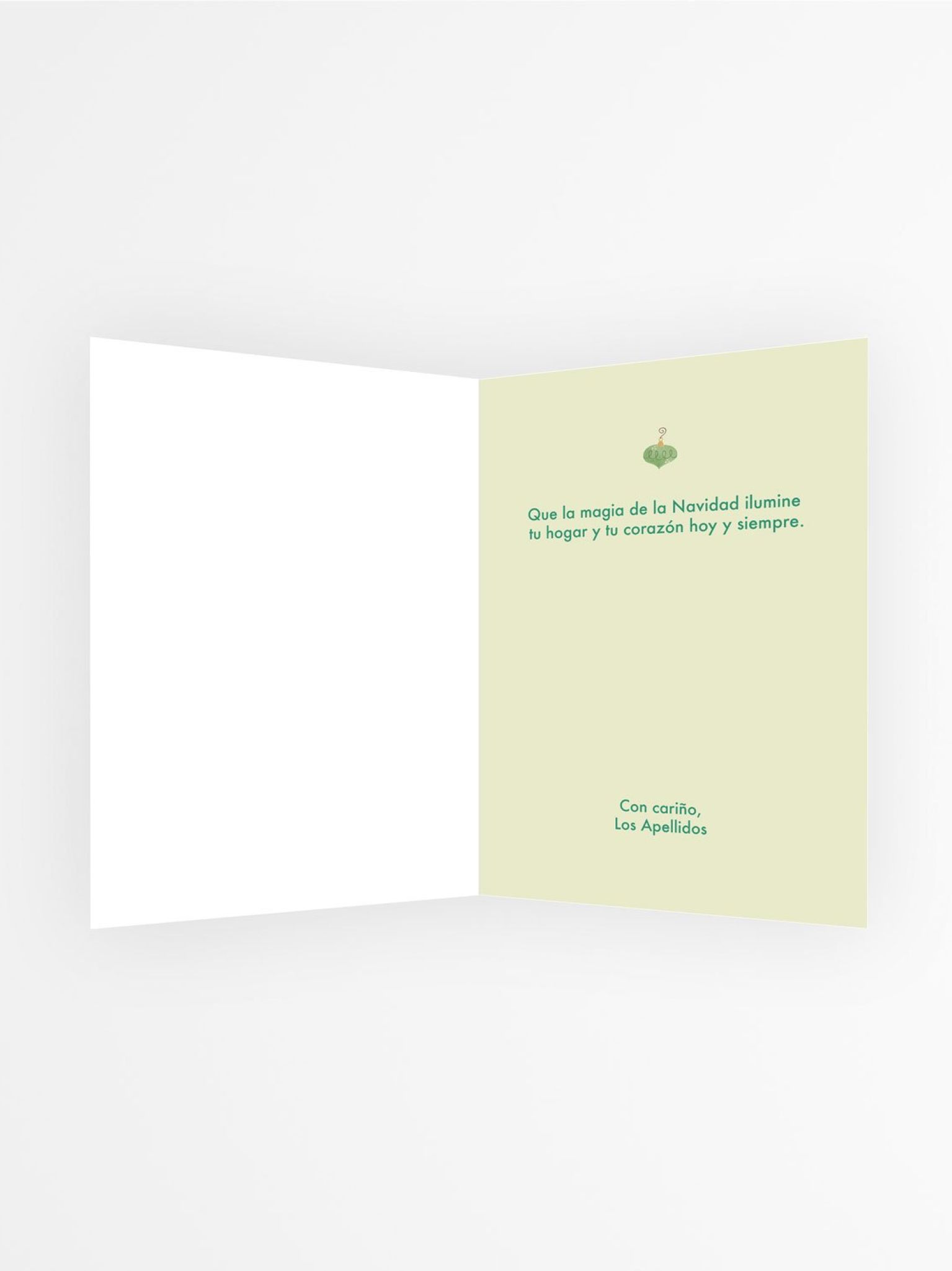 interior de tarjeta navide&ntilde;a con foto con mensaje navide&ntilde;o en fondo verde claro
