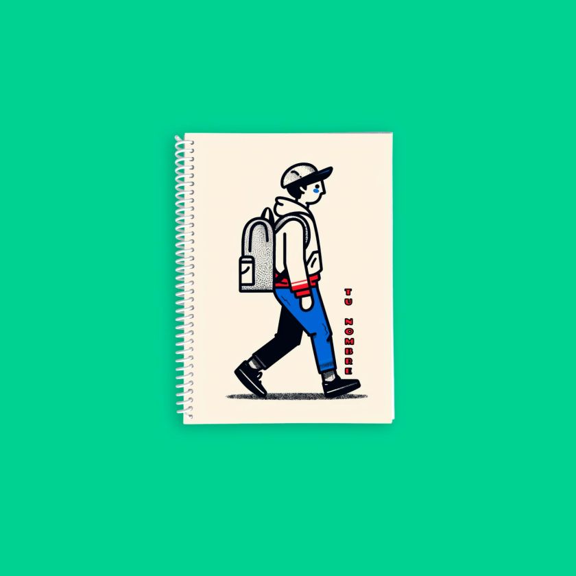 libreta personalizada de espiral con ilustraci&oacute;n de joven caminando con mochila, estilo creativo y moderno