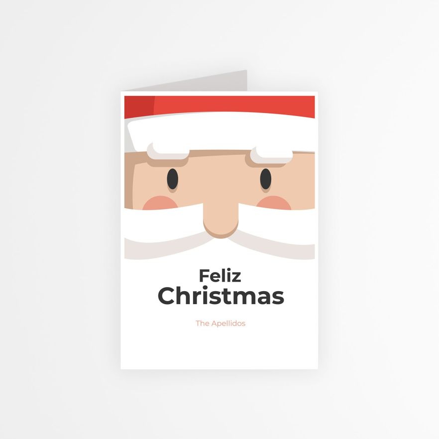 Dise&ntilde;o frontal de tarjeta navide&ntilde;a personalizada con ilustraci&oacute;n de Pap&aacute; Noel y texto &ldquo;Feliz Christmas&rdquo;