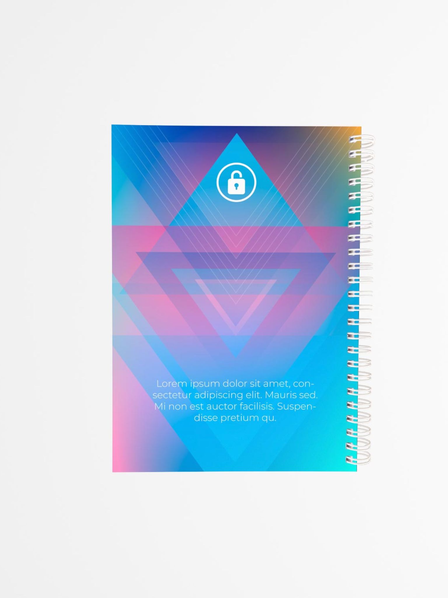 contraportada agenda personalizada en posición diagonal sobre fondo blanco, con diseño geométrico en tonos azules y morados e inscripción.