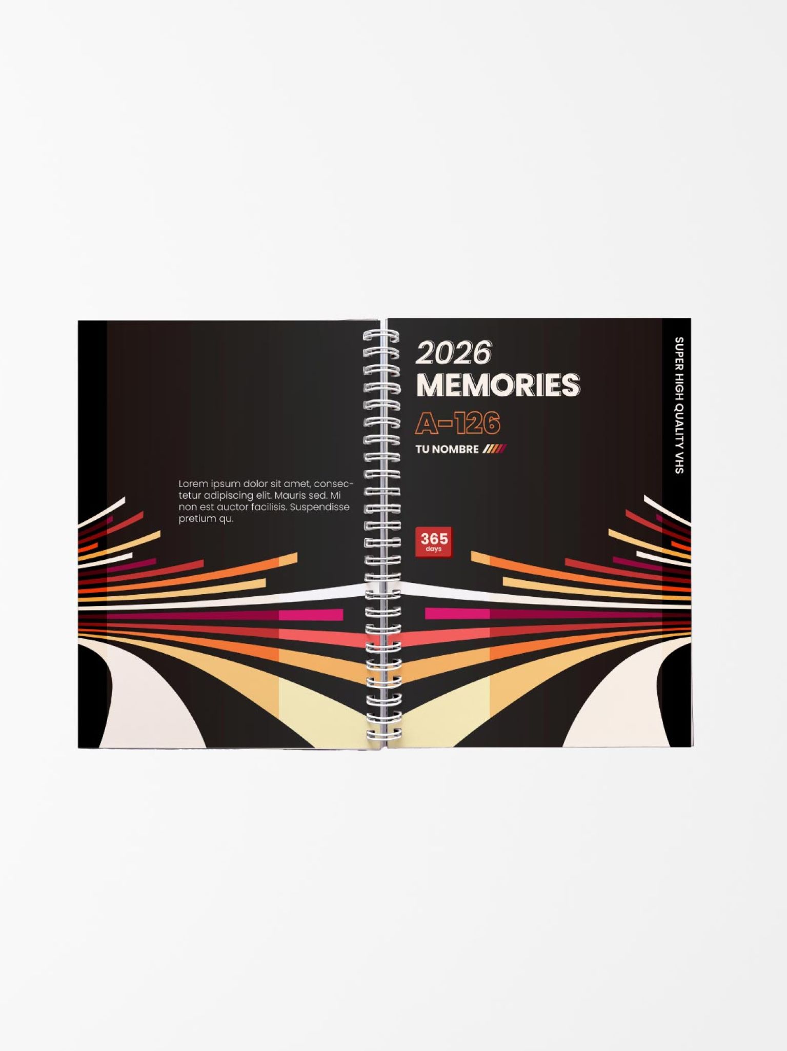 vista abierta de una agenda personalizada con diseño retro en tonos oscuros y líneas de colores cálidos, encuadernada con espiral central y texto “2026 Memories”