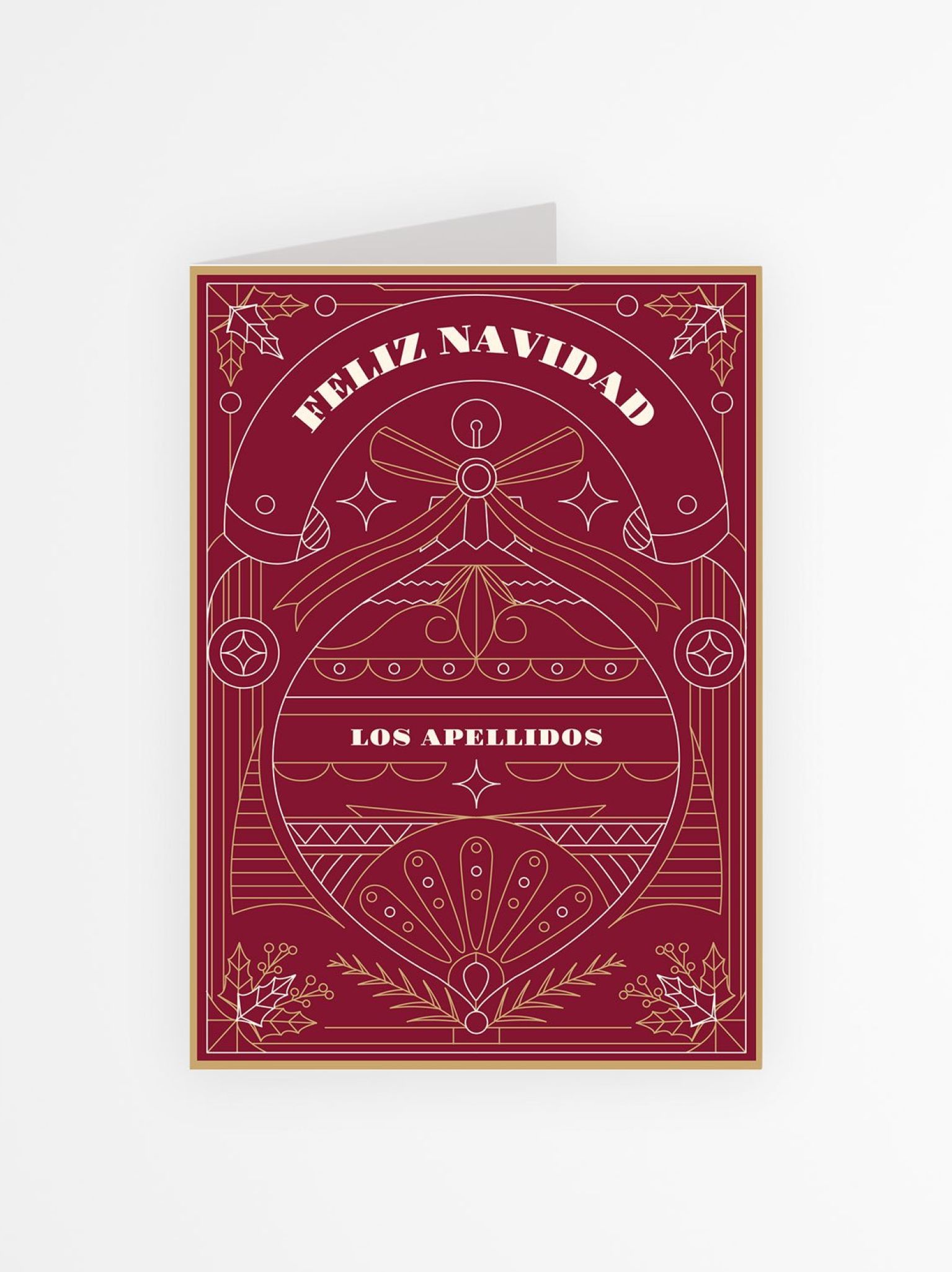 Portada de tarjeta navideña personalizada en color rojo con diseño de ornamento elegante