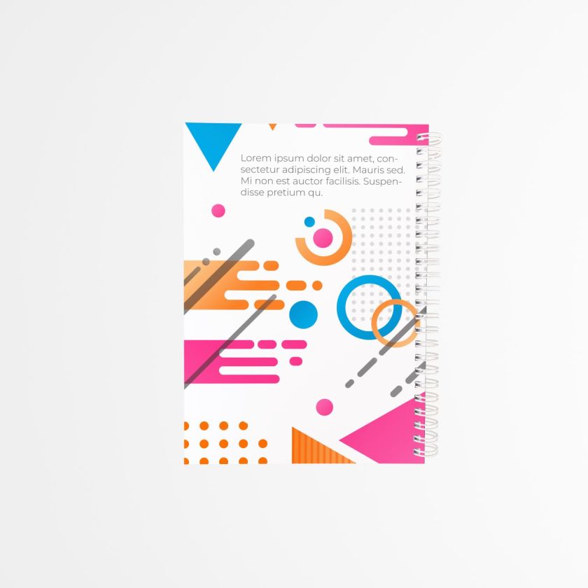 contraportada de agenda personalizada con diseño geométrico colorido en rosa, azul y naranja.