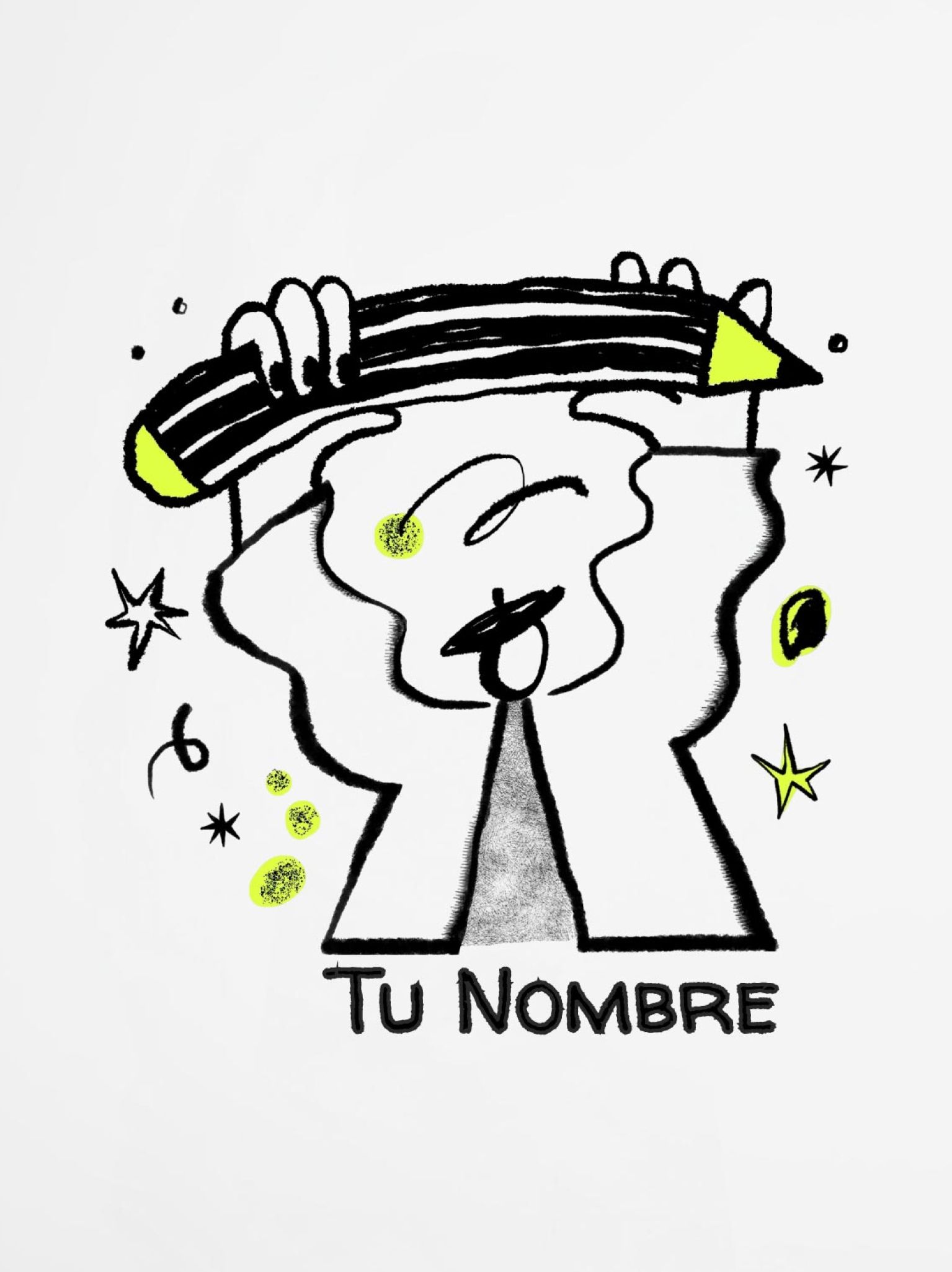 ise&ntilde;o creativo en blanco y negro con detalles en amarillo de personaje levantando un l&aacute;piz grande, ideal para portada de libreta personalizada