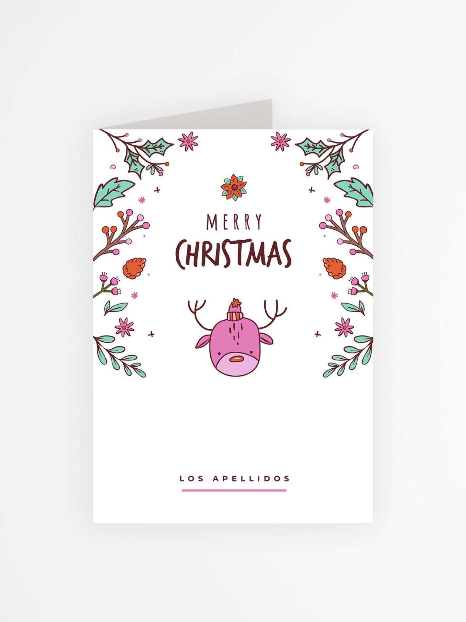 tarjeta navidad personalizada con dibujo de reno y decoraci&oacute;n floral divertida