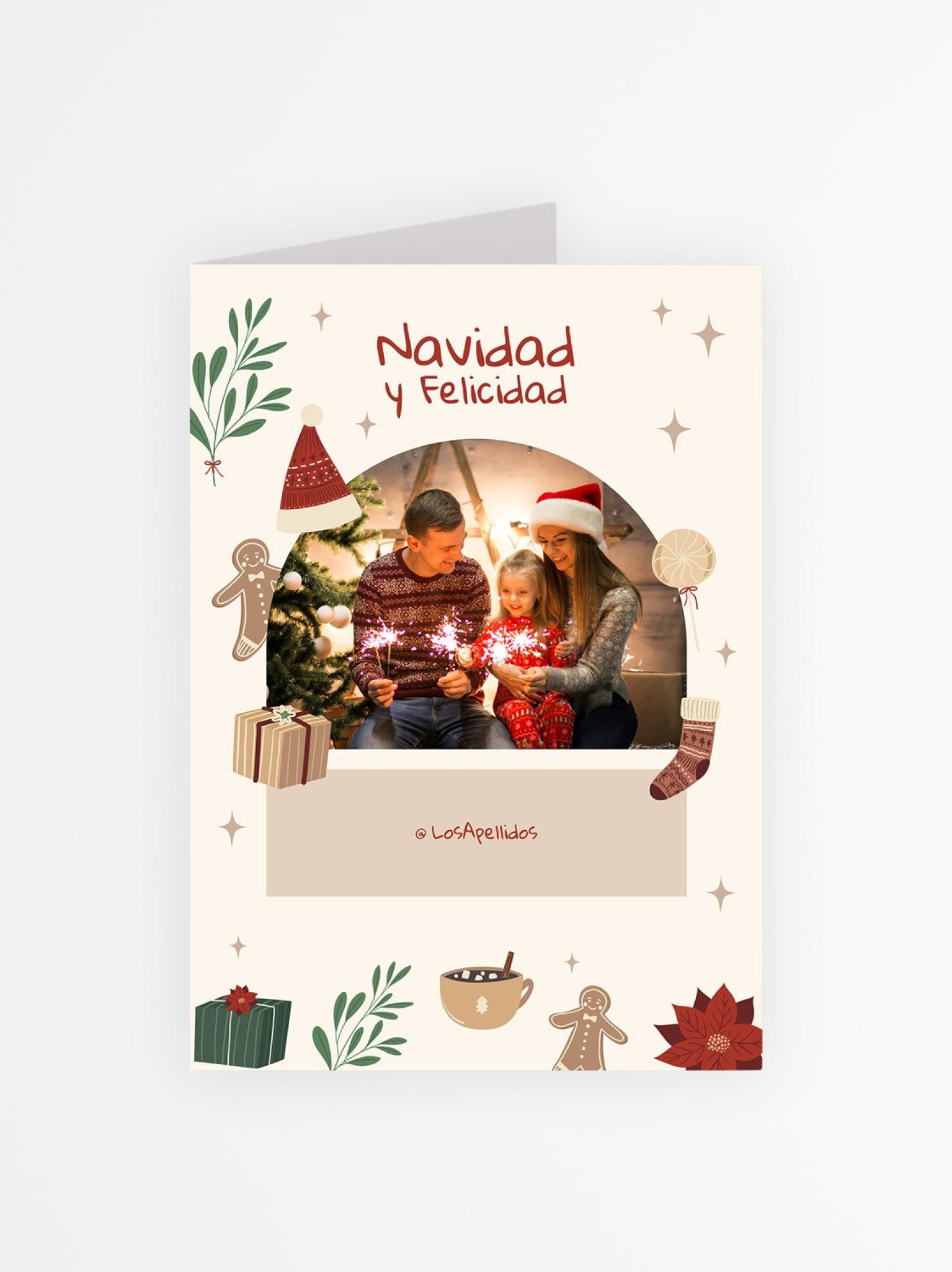 Tarjeta navideña con foto personalizada con ilustraciones navideñas y espacio para nombres de familia