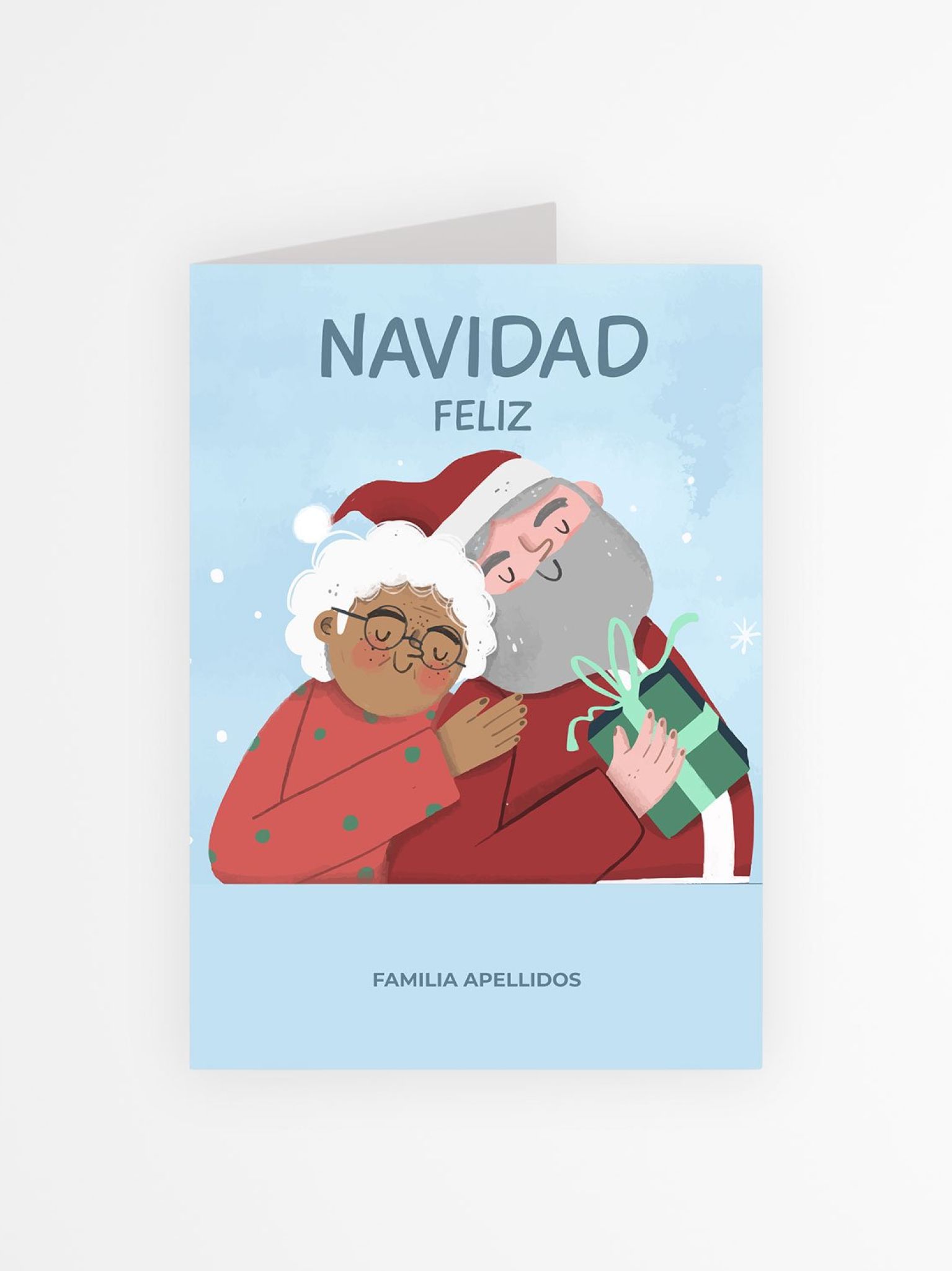 Dise&ntilde;o de tarjeta navidad personalizada con ilustraci&oacute;n de Pap&aacute; Noel abrazando a se&ntilde;ora Claus