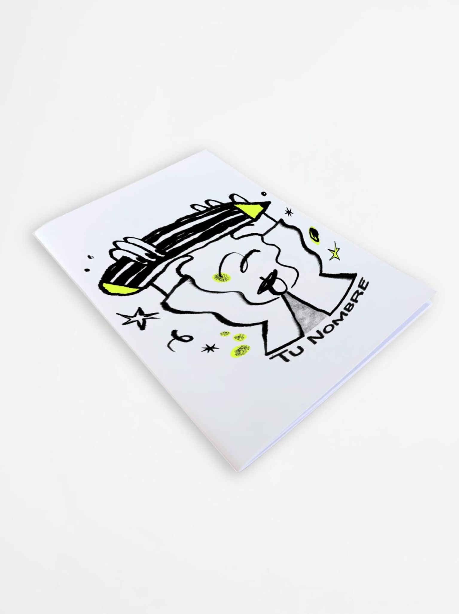 libreta ilustrada en blanco y negro con detalles en amarillo fosforescente de l&aacute;piz gigante, personalizable con tu nombre