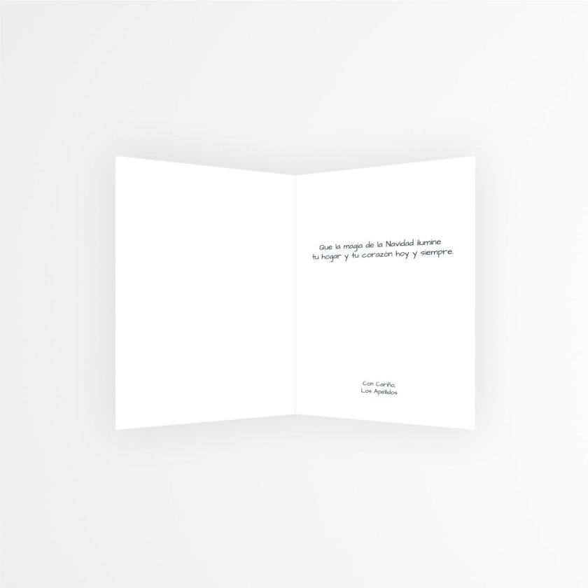 Interior de tarjeta navide&ntilde;a personalizada con mensaje navide&ntilde;o: &ldquo;Que la magia de la Navidad ilumine tu hogar y tu coraz&oacute;n hoy y siempre&rdquo;