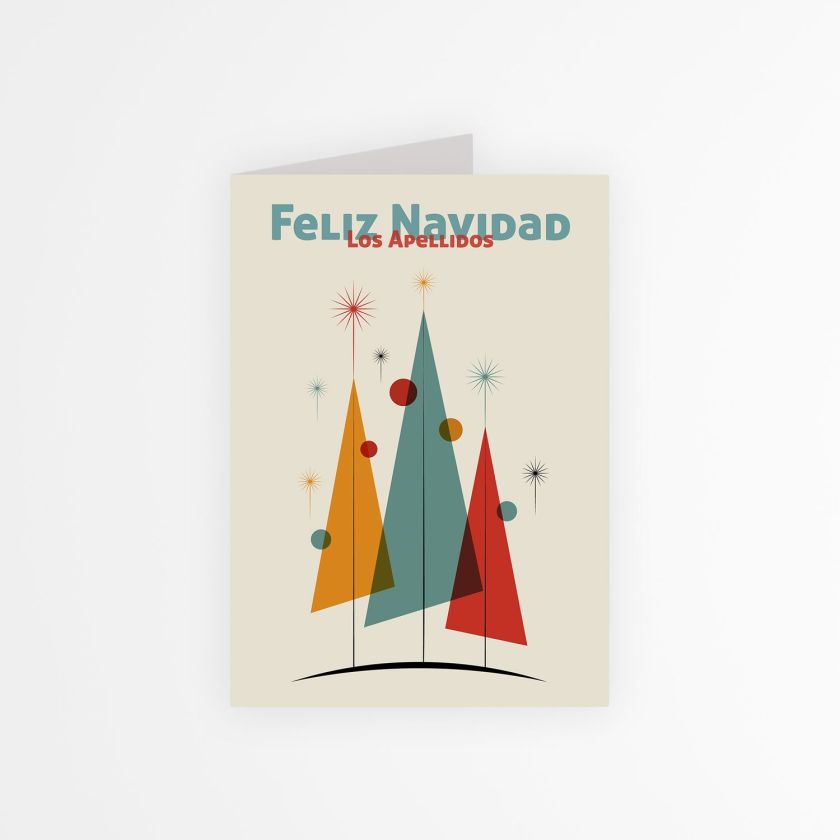 Portada de tarjeta navideña personalizada con árboles de Navidad geométricos y texto personalizable
