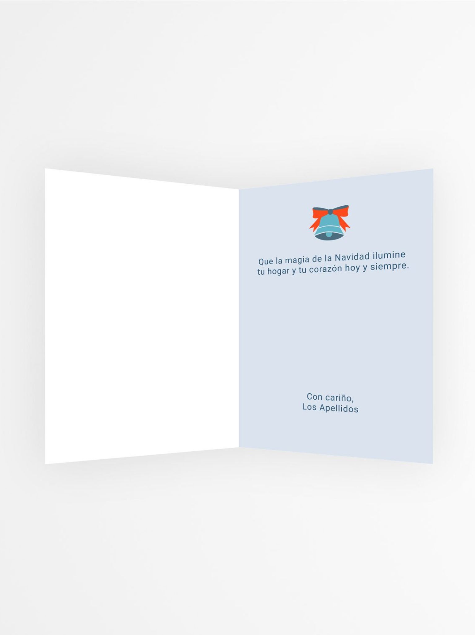 interior de tarjeta navidad con foto personalizada con mensaje navide&ntilde;o y campana ilustrada