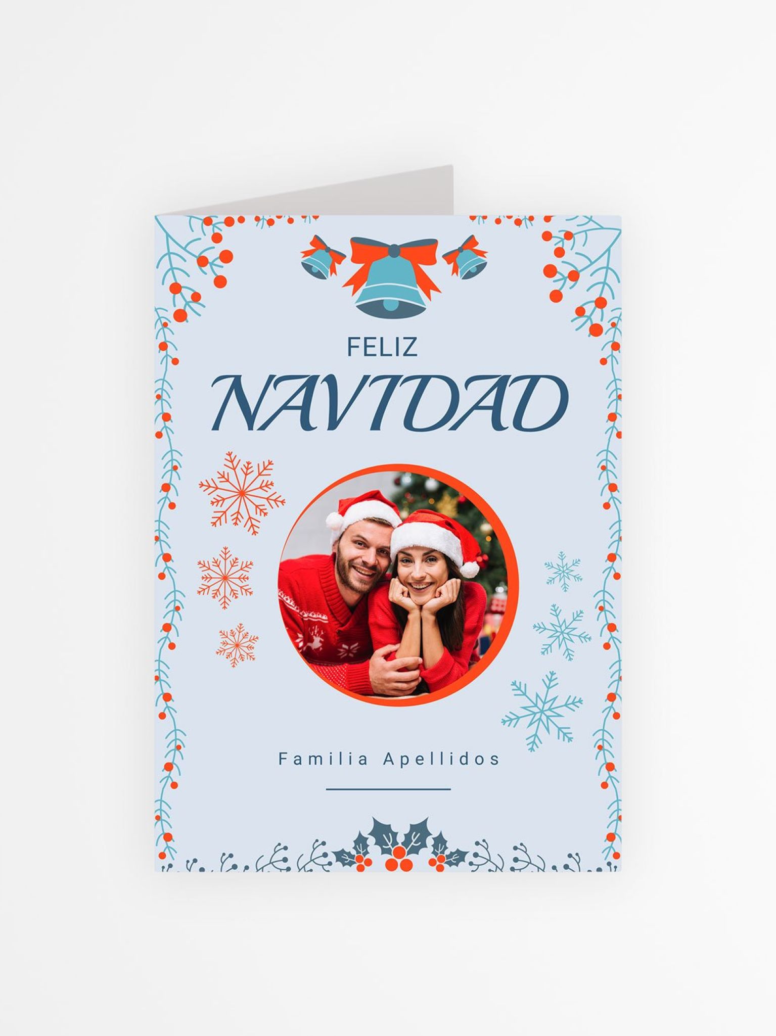 tarjeta navidad con foto personalizada en diseño azul con foto circular y campanas navideñas