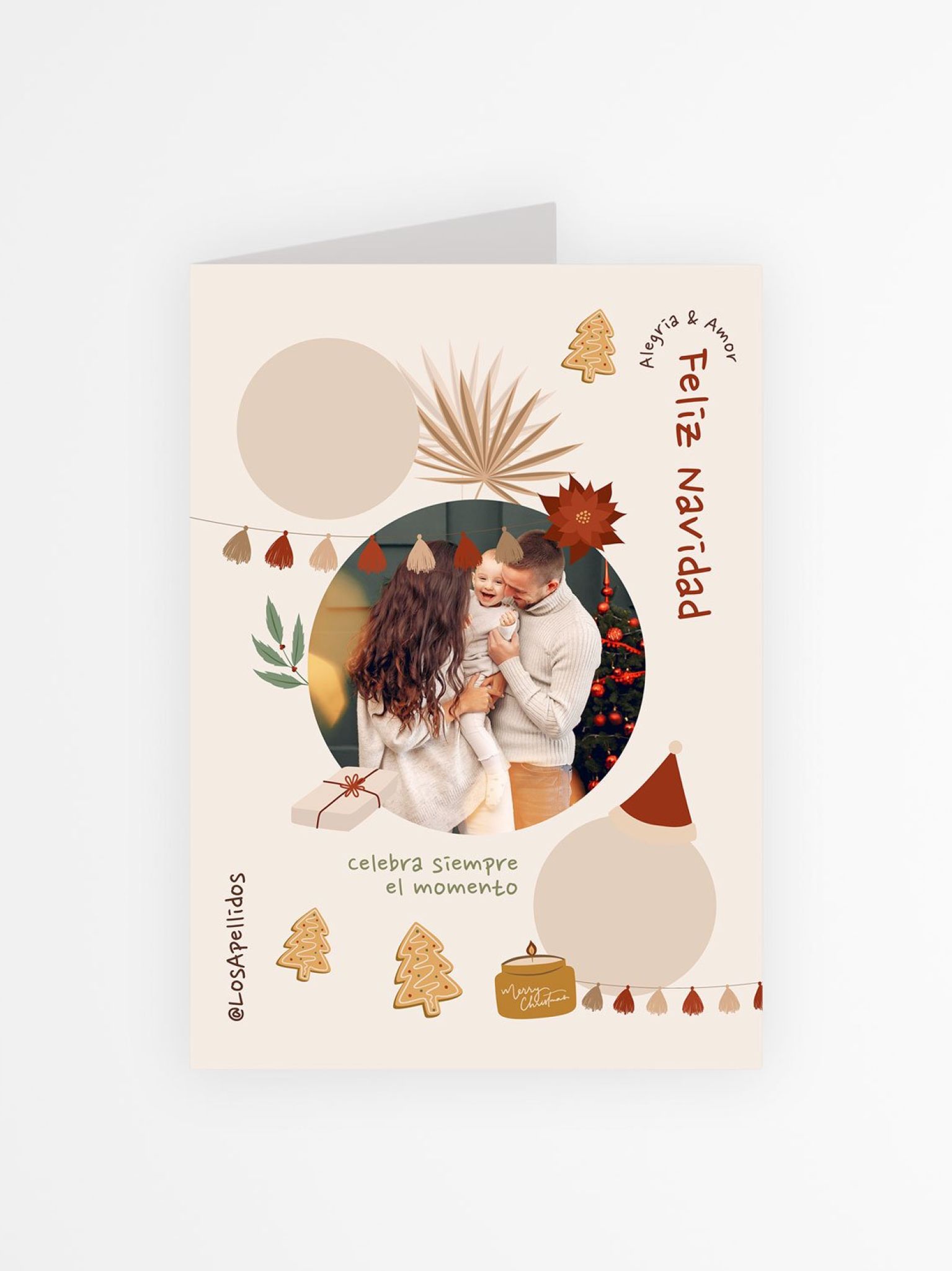 tarjeta navide&ntilde;a personalizada con foto dise&ntilde;o moderno con adornos navide&ntilde;os