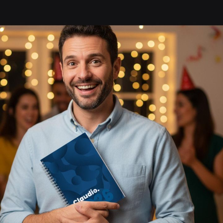 hombre sonriente sostiene una agenda personalizada azul con su nombre impreso, ideal como regalo original y pr&aacute;ctico