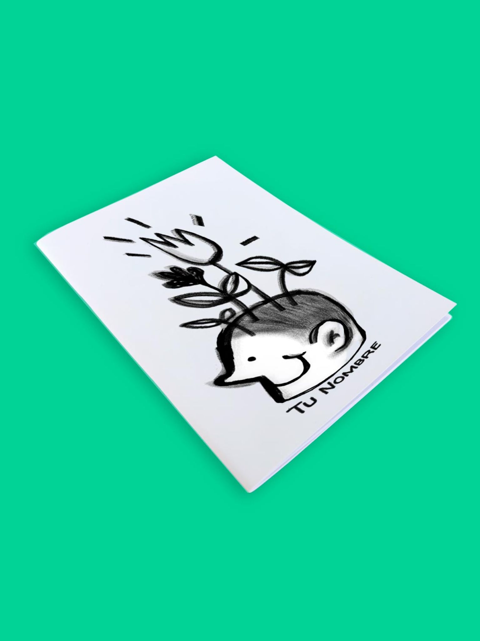 portada de libreta art&iacute;stica en blanco y negro con un personaje sonriente del que brotan plantas y flores, dise&ntilde;o creativo y personalizable