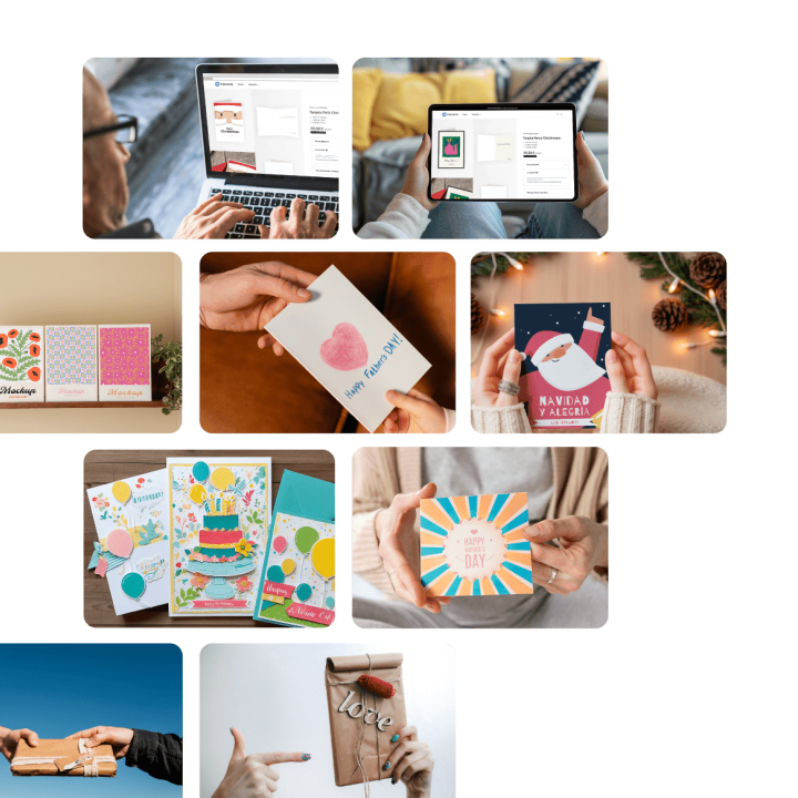 collage de tarjetas para fondo web con diferentes dise&ntilde;os de tarjetas personalizadas, felicitaciones, cumplea&ntilde;os y navide&ntilde;as