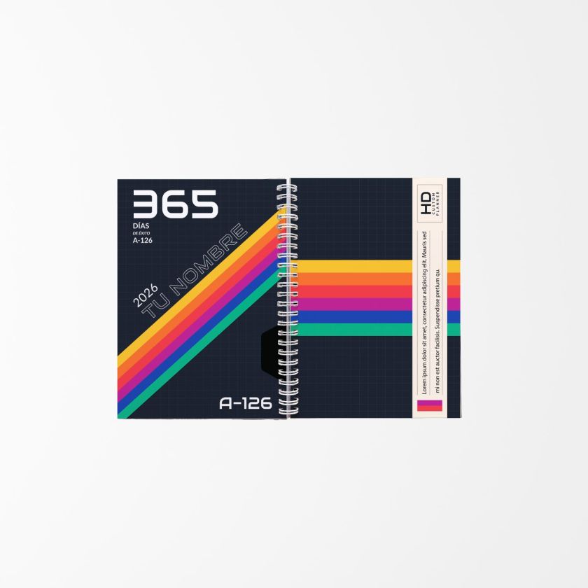 agenda abierta con diseño moderno en tonos oscuros, espiral central y franjas de colores diagonales sobre fondo blanco