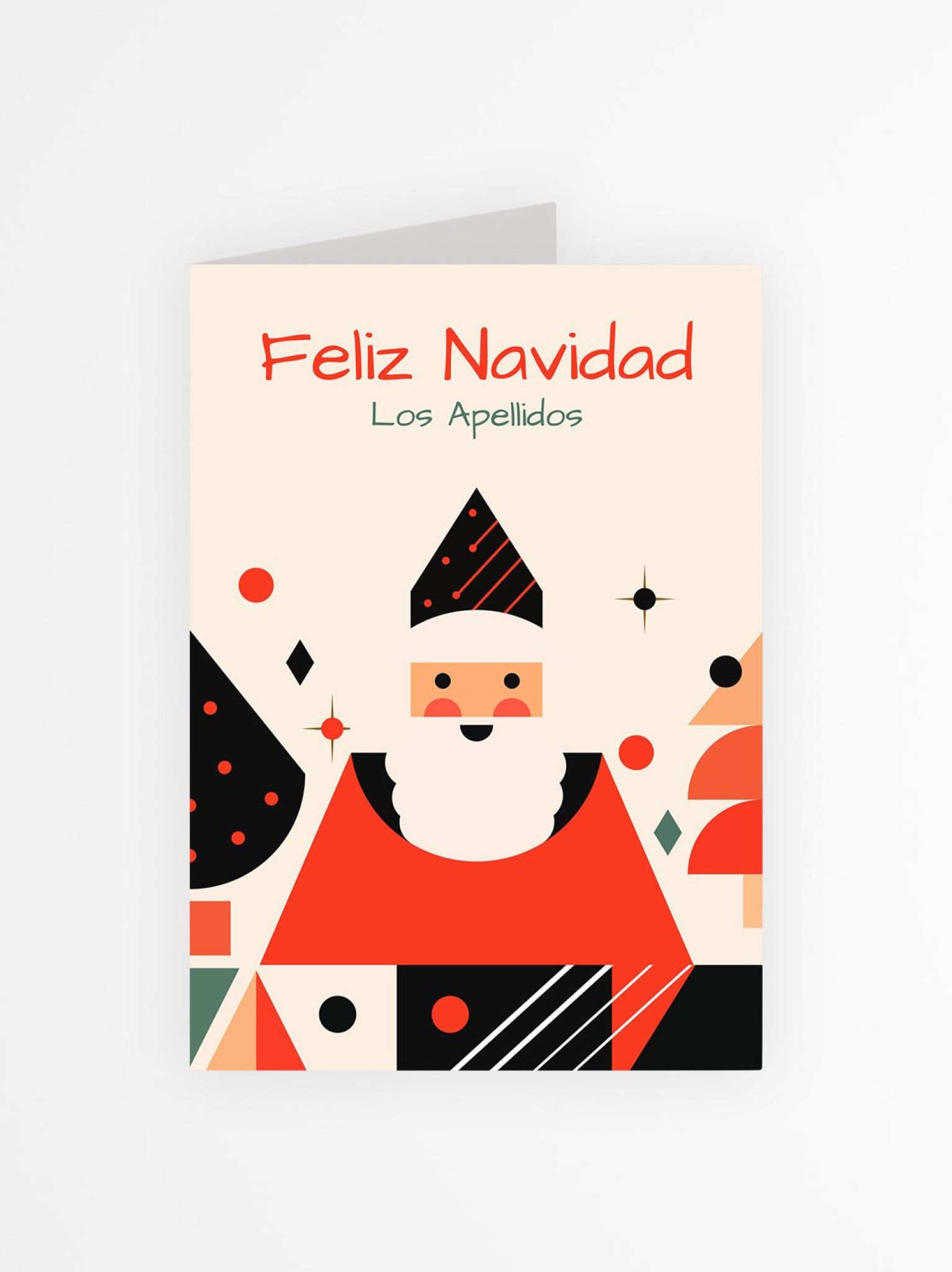 Diseño frontal de tarjeta navideña personalizada con ilustración moderna de Papá Noel y texto “Feliz Navidad”