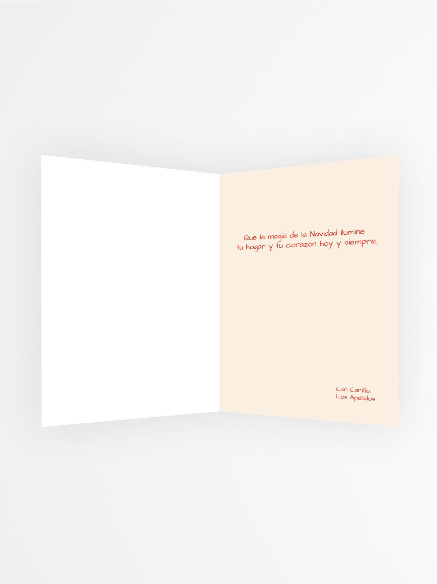 Vista interior de tarjeta navide&ntilde;a personalizada con mensaje emotivo en color rojo y fondo claro