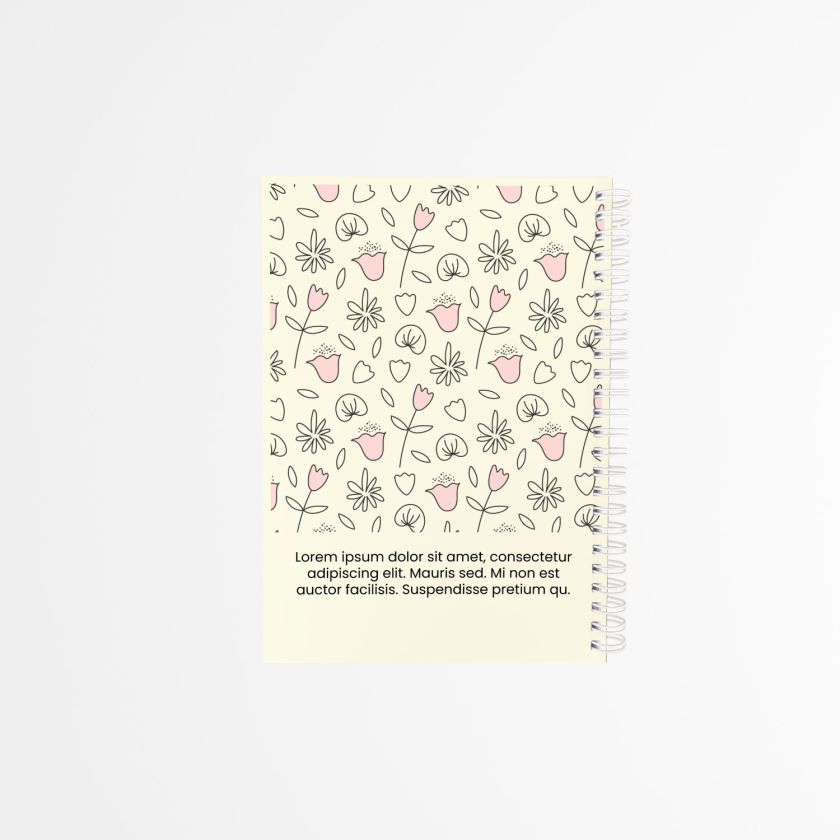 contraportada de agenda personalizada con patrón floral lineal en color crema y rosa claro, encuadernada en espiral blanca