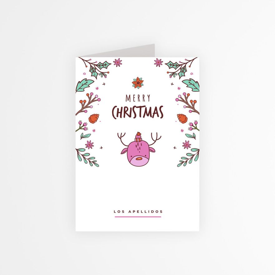 tarjeta navidad personalizada con dibujo de reno y decoraci&oacute;n floral divertida