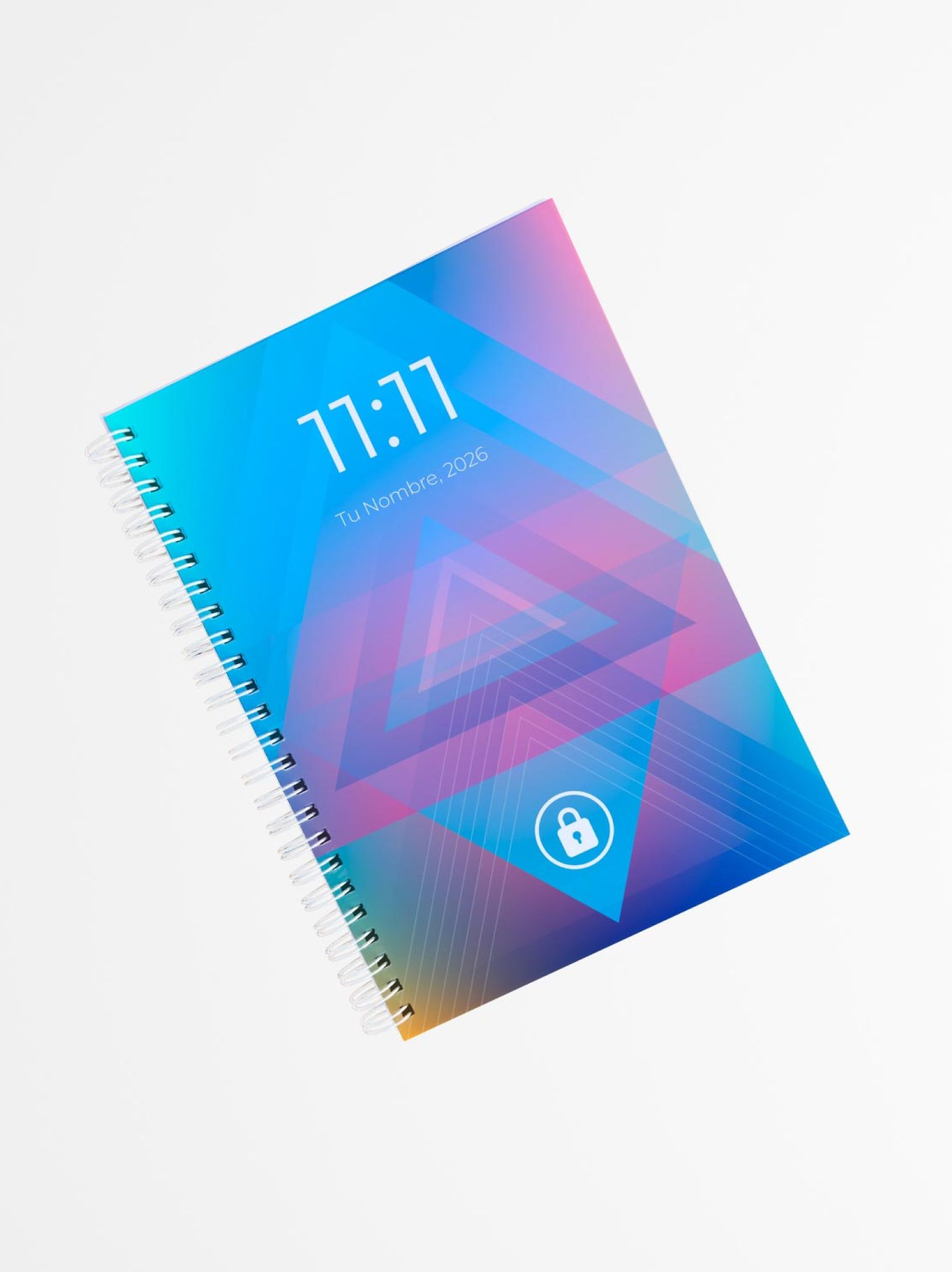 portada de agenda con diseño en triángulos superpuestos de tonos azul, rosa y violeta, con icono de candado blanco y encuadernado lateral de espiral
