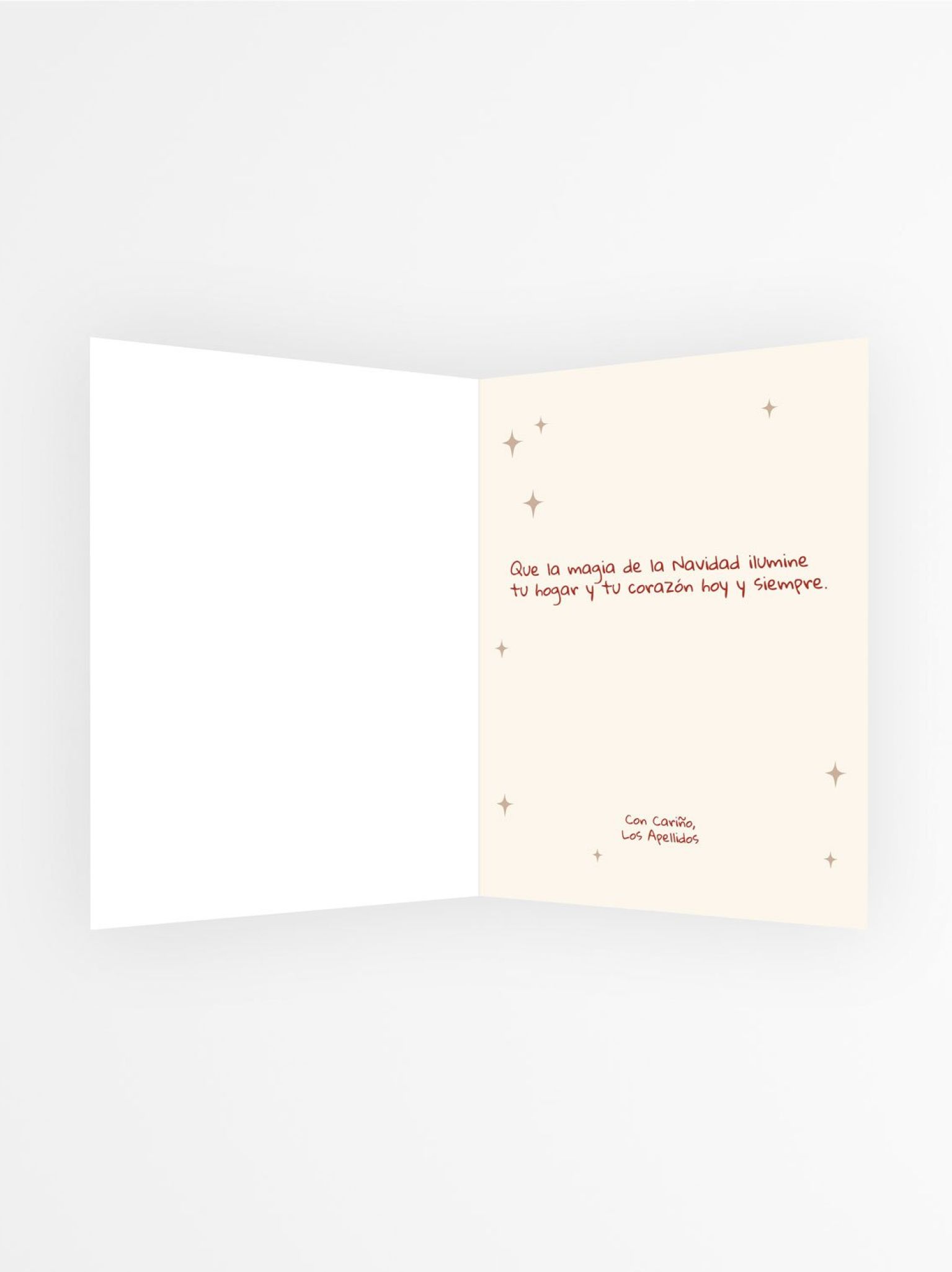 Interior de tarjeta navide&ntilde;a con foto personalizada con mensaje de felicitaci&oacute;n navide&ntilde;a en fondo claro