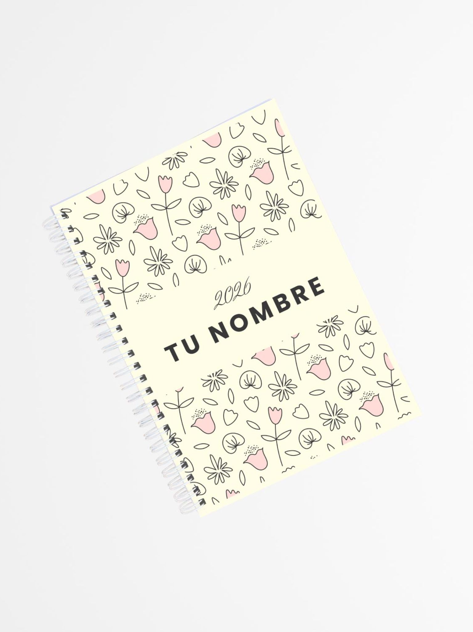 portada de agenda personalizada 2026 con diseño floral minimalista en tonos pastel y encuadernación blanca en espiral