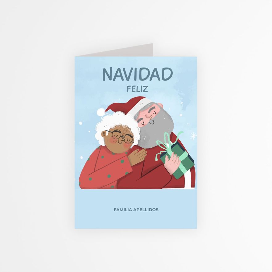 Dise&ntilde;o de tarjeta navidad personalizada con ilustraci&oacute;n de Pap&aacute; Noel abrazando a se&ntilde;ora Claus