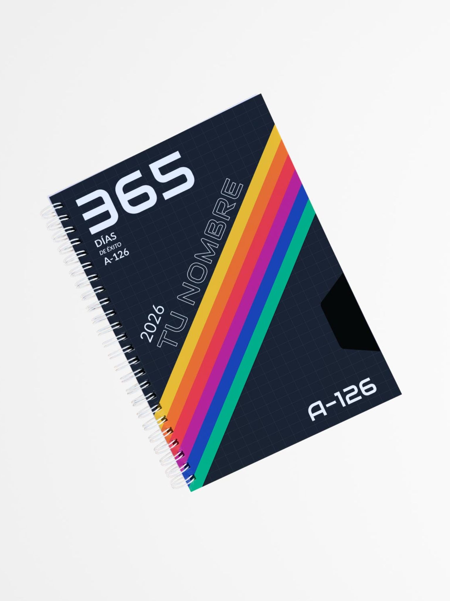 agenda personalizada con diseño retro VHS, portada negra con franjas de colores y espiral blanco, ideal para organizar 365 días