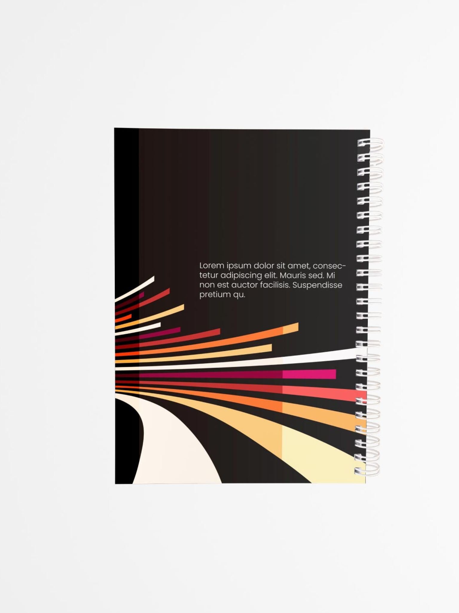 contraportada de agenda personalizada con fondo negro y líneas curvas en tonos naranja, rojo y crema, encuadernada con espiral blanca lateral