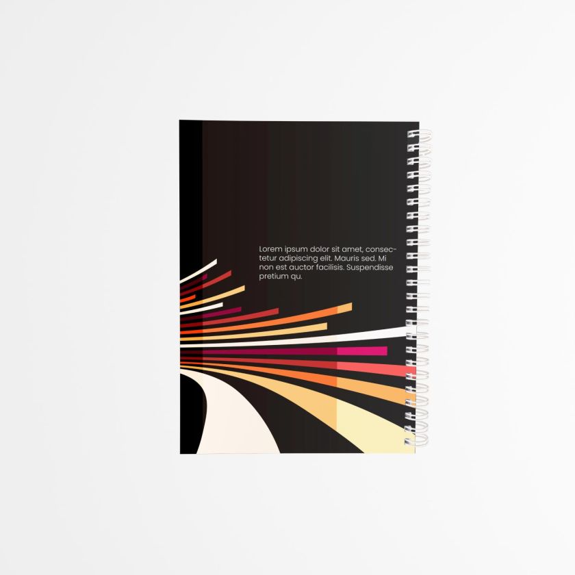 contraportada de agenda personalizada con fondo negro y líneas curvas en tonos naranja, rojo y crema, encuadernada con espiral blanca lateral