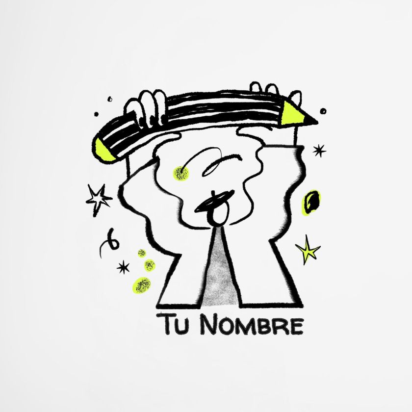 ise&ntilde;o creativo en blanco y negro con detalles en amarillo de personaje levantando un l&aacute;piz grande, ideal para portada de libreta personalizada