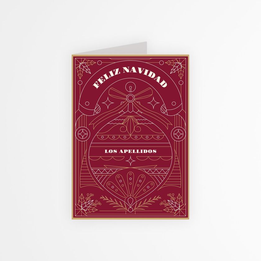 Portada de tarjeta navideña personalizada en color rojo con diseño de ornamento elegante