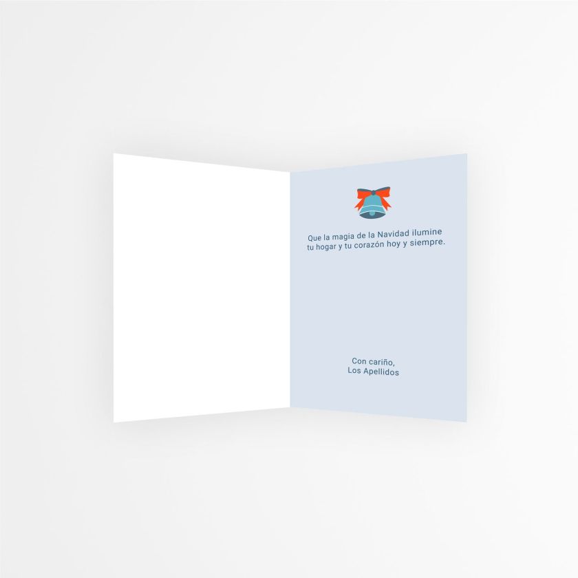 interior de tarjeta navidad con foto personalizada con mensaje navide&ntilde;o y campana ilustrada