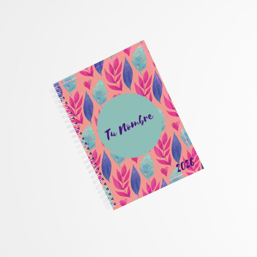 portada de agenda personalizada 2026 con diseño de hojas en tonos fucsia, azul y coral, encuadernada en espiral blanca