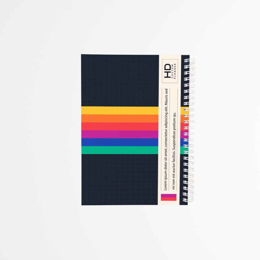 contraportada de agenda personalizada con diseño retro VHS, franjas de colores sobre fondo negro con espiral lateral blanco
