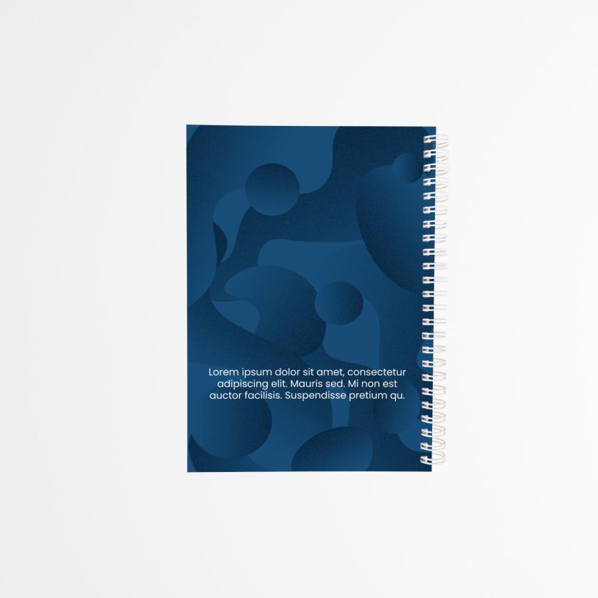 contraportada de agenda personalizada con diseño en tonos azules y textura geométrica suave, encuadernación blanca en espiral