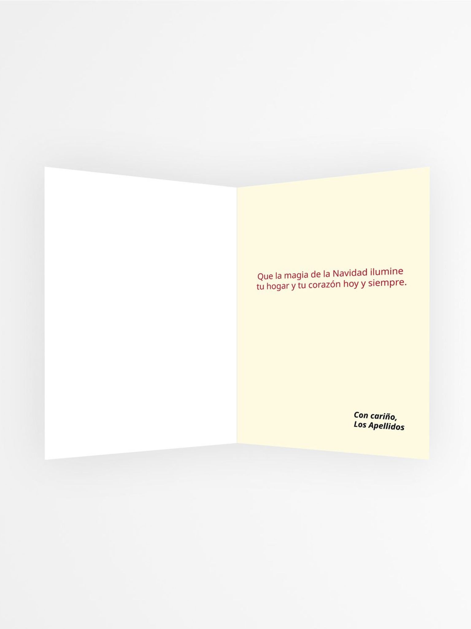 Interior de tarjeta personalizada de Navidad con texto “Que la magia de la Navidad ilumine tu hogar y tu corazón hoy y siempre”