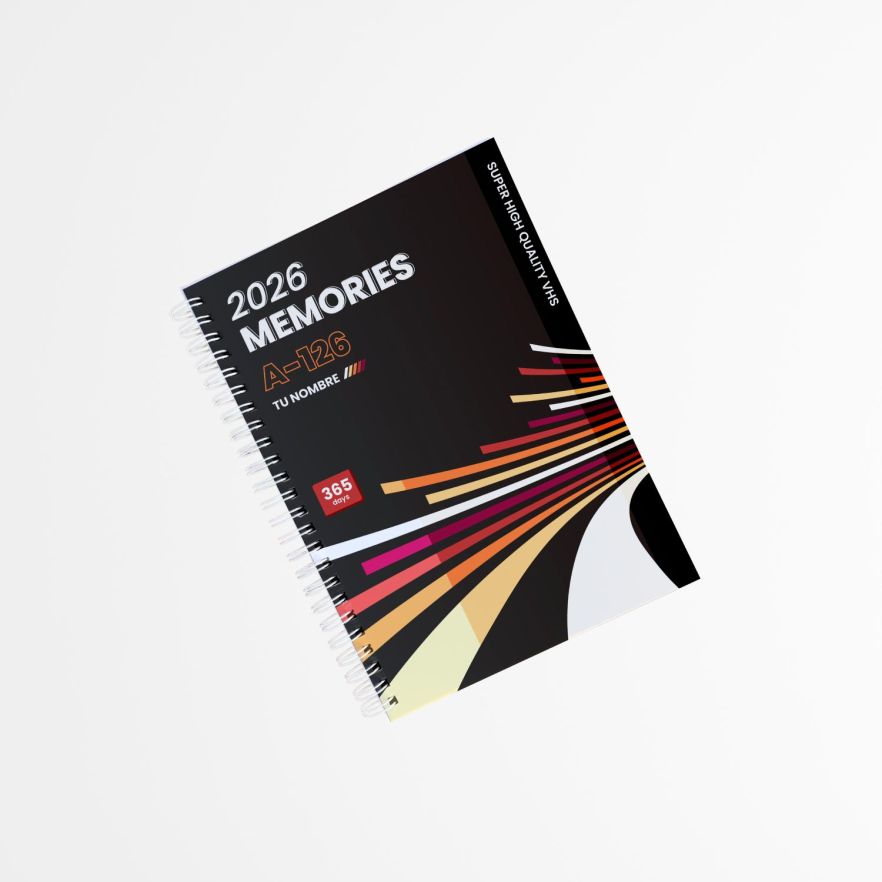 portada de agenda personalizada con fondo negro, texto &ldquo;2026 Memories&rdquo; y l&iacute;neas de colores c&aacute;lidos que evocan un estilo retro minimalista