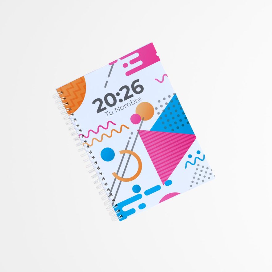 portada de agenda personalizada con formas geométricas coloridas y espiral lateral, sobre fondo blanco minimalista